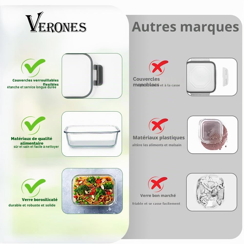 VERONES 12 pièces alimentaires en verre hermétiques avec couvercles, sans BPA, passent au micro-ondes, four, congélateur et lave-vaisselle, gris