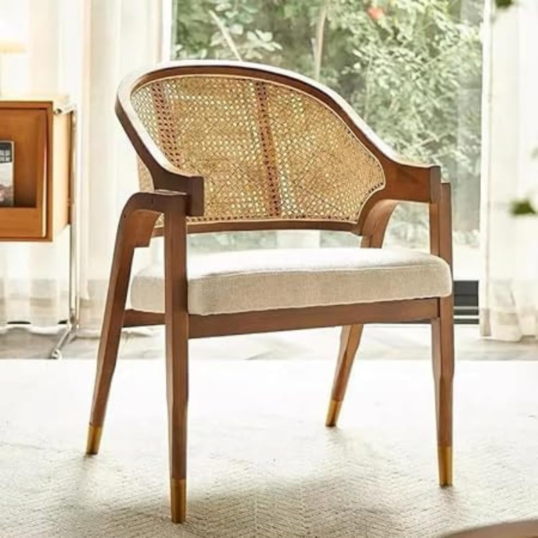Wood Classy Rattan Arm Chair for Living Room | Solid Sheesham Wood Lounge Chair with Cane Weaving | Brown Finish Accent Chair for Bedroom, Office and Home Decor - 45x65x95 cm-image-48