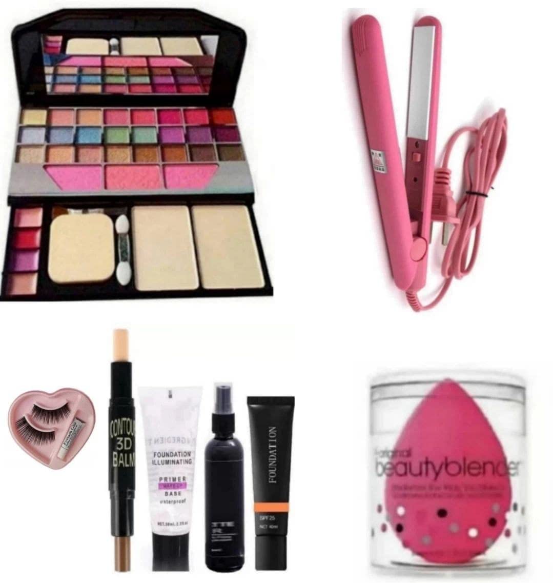 TYA 6155 Multicolour Makeup Kit and 1 Hair Straightner,1 Contour,1 Fixer,1 Primer,1 Foundation,1 Eyelashes Extension and 1 Pink Beauty Blender - (Pack of 8)-image-48