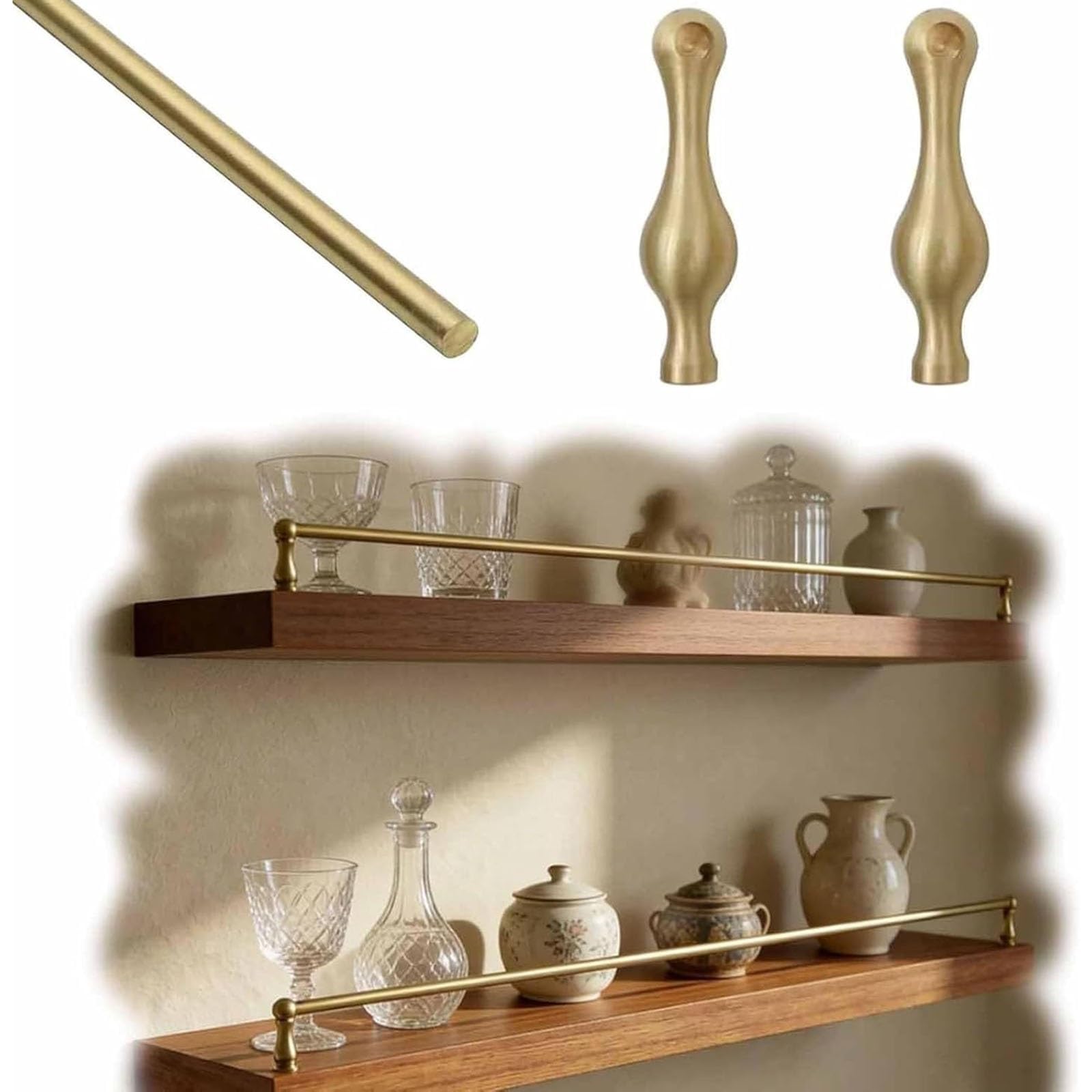 8-40 in Metal Shelf Guard Rail Brass Gold for Wood Shelves, Anti-Tipping Gallery Rails for, Round Tube Anti-Fall Fence(Style A,42cm/16.5in)