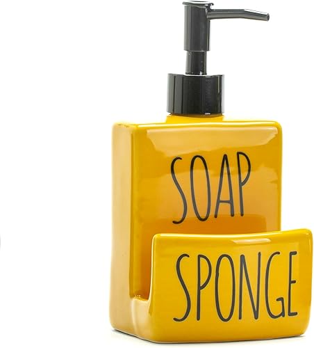 Dispensador de jabón de cerámica con soporte para esponja, dispensador de bomba de jabón de encimera 2 en 1 para fregadero, utensilio de cocina