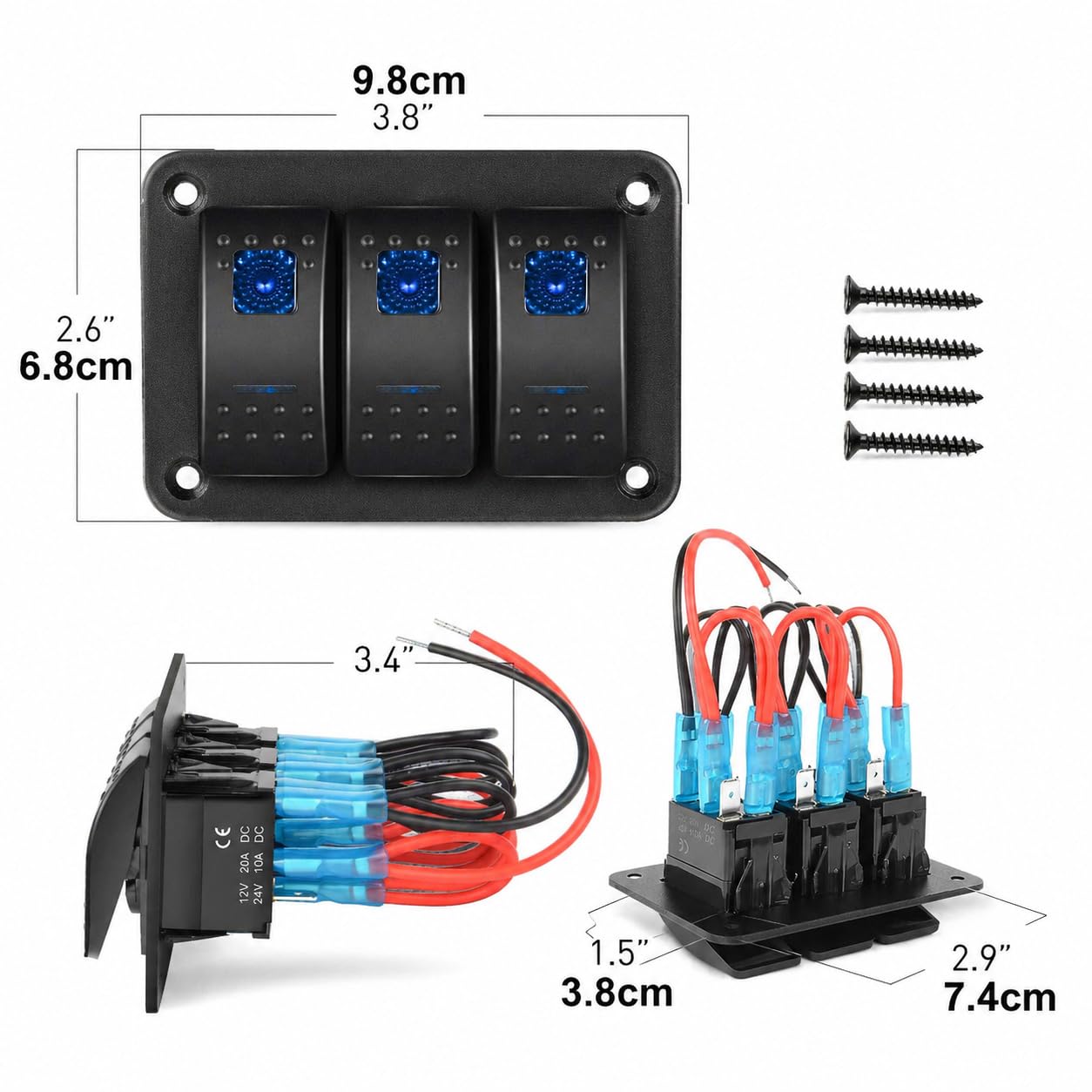 Gebildet 12V/20A, 24V/10A, 3 Gang Panneau en Aluminium Bascule Tableau de Bord Lumière LED, 5 Broches Marche/Arrêt Pré-Câblé Support de Commutateur à Bascule pour Voiture Automobile Bateau Marin