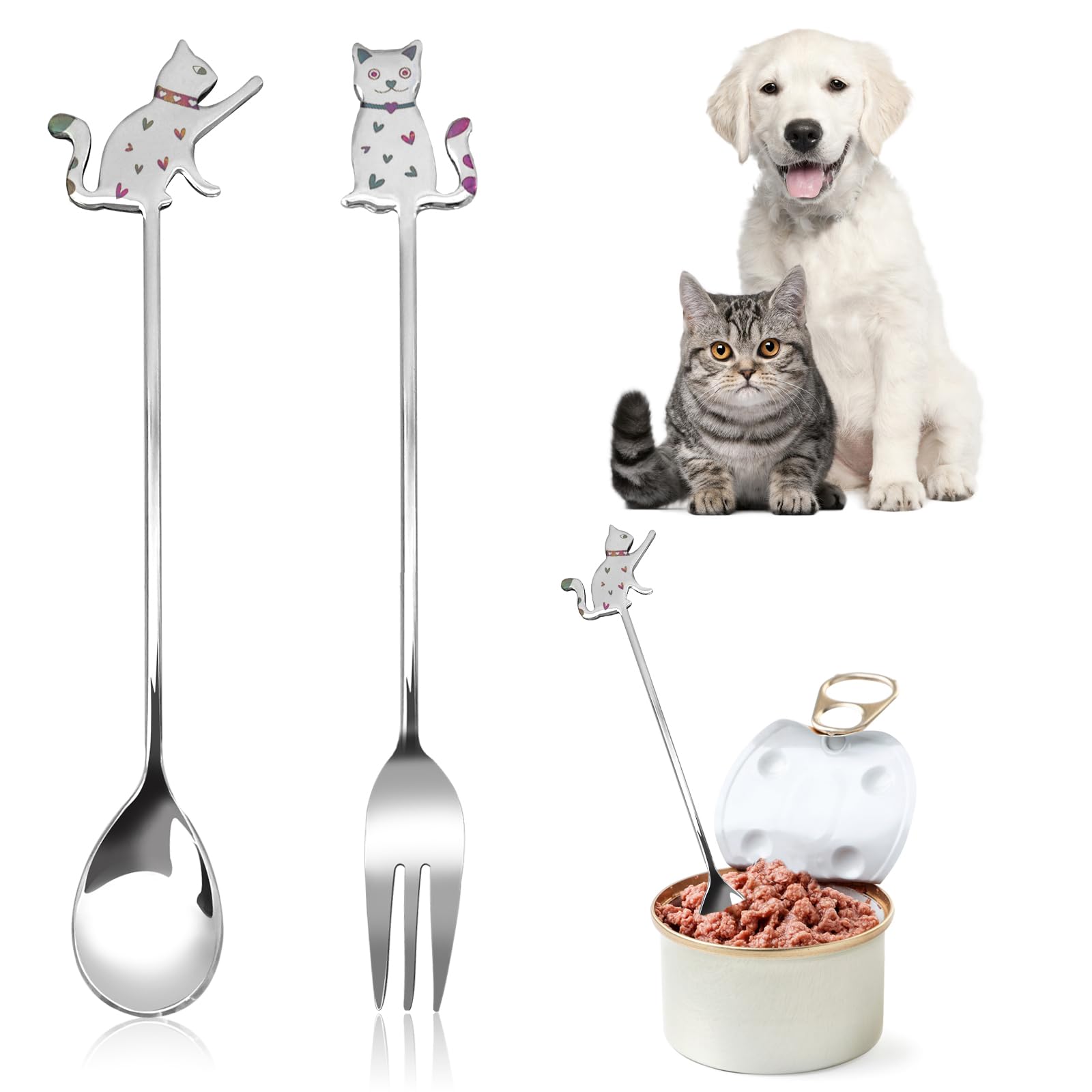 Cuillère à friandises pour chat, 2 petites fourchettes et cuillères en acier inoxydable facile à nettoyer ensemble mignon de cuillère de nourriture pour chat pour la nourriture humide en conserve pour