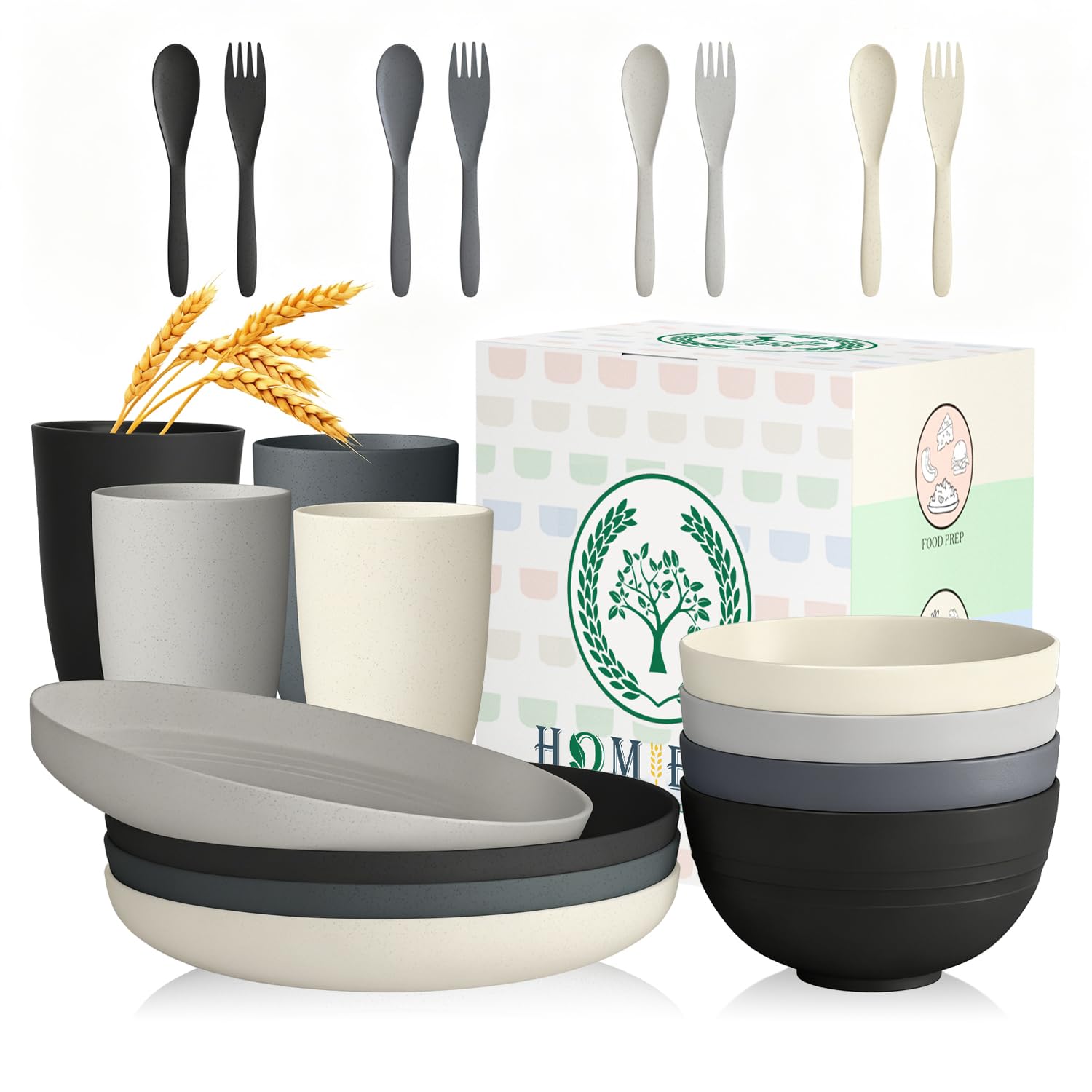 Homienly Unbreakable Wheat Straw Dinnerware Sets, Plastic Plates and Bowls Sets Alternative 20 PCS, Microwave & Dishwasher Safe Dish Set for Kitchen, Camping, Kids, Apartment, Lightweight(Grey Stone)