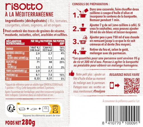 Mediterranes Risotto Trevijano: 6 Schalen à 280 g. Ohne Zusatzstoffe oder Konservierungsmittel, nur getrocknete pflanzliche Zutaten: Reis, Tomate, Zucchini, Knoblauch, Oliven, Zwiebel, Oregano.
