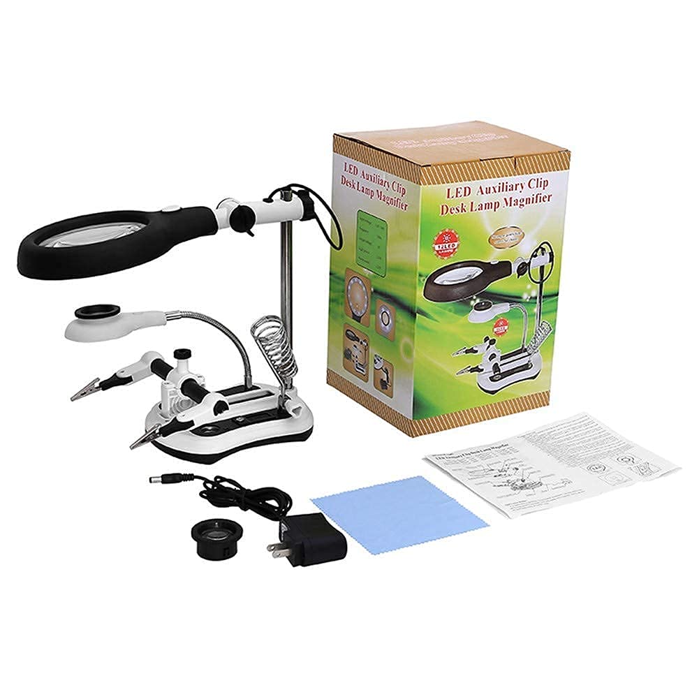 JOZZY Lente d'Ingrandimento,Lenti d'Ingrandimento per Hobby, Luce LED da Lettura Aiuto Clip per Riparazione Manuale Coccodrillo Clip ausiliaria Staffa Morsetto da Tavolo e Clip a Coccodrillo - Ass