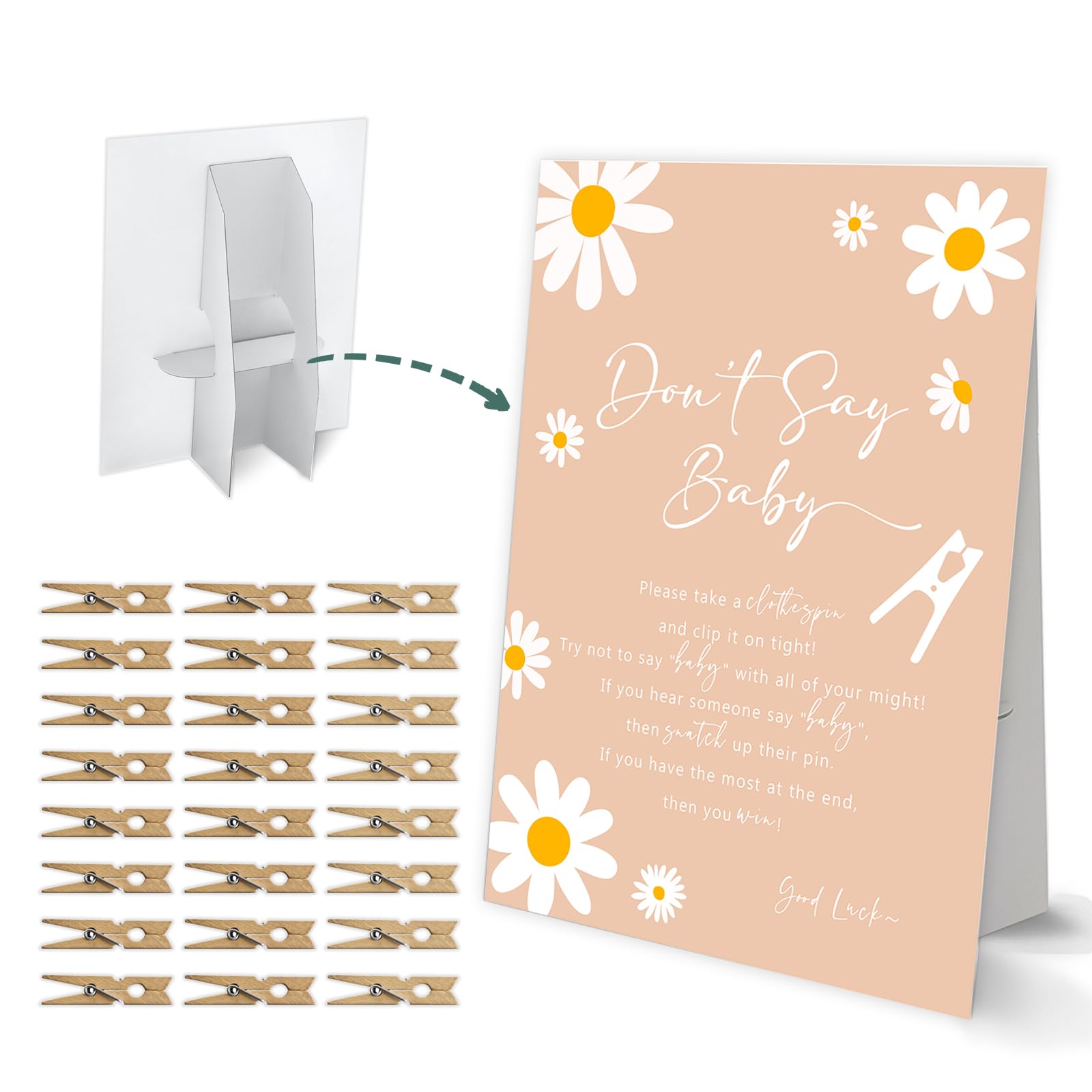 Don't Say Baby Clothespin Game, Boho Daisy Baby Shower Game, One 8x11 Sign and 50 Mini Natural Clothespins, Gender Neutral, Baby Shower Decoration -