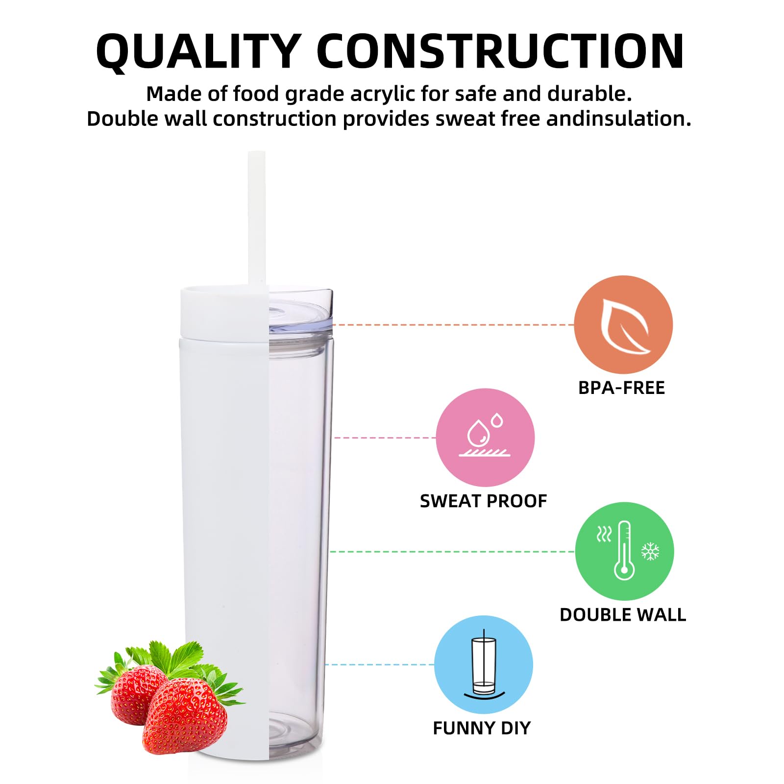 Volhoply 16oz Tumbler with Lid and Straw 8 Pack,Double Wall Plastic Skinny Tumblers Bulk,480ML Reusable Cute Coffee Mug,BPA Free Matte Acrylic Water Cups with Straw for Parties,DIY Gifts(White,8 Set - Image 3