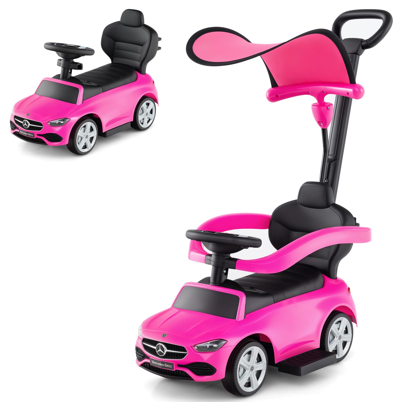OLAKIDS Push Car for Toddlers 1-3, 3 in 1 Licensed Mercedes Benz Baby Sliding Walking with Parent Control Handle Adjustable Canopy Guardrail Under Seat Storage, Kids Ride on Toys with Horn (Pink) โ image 1