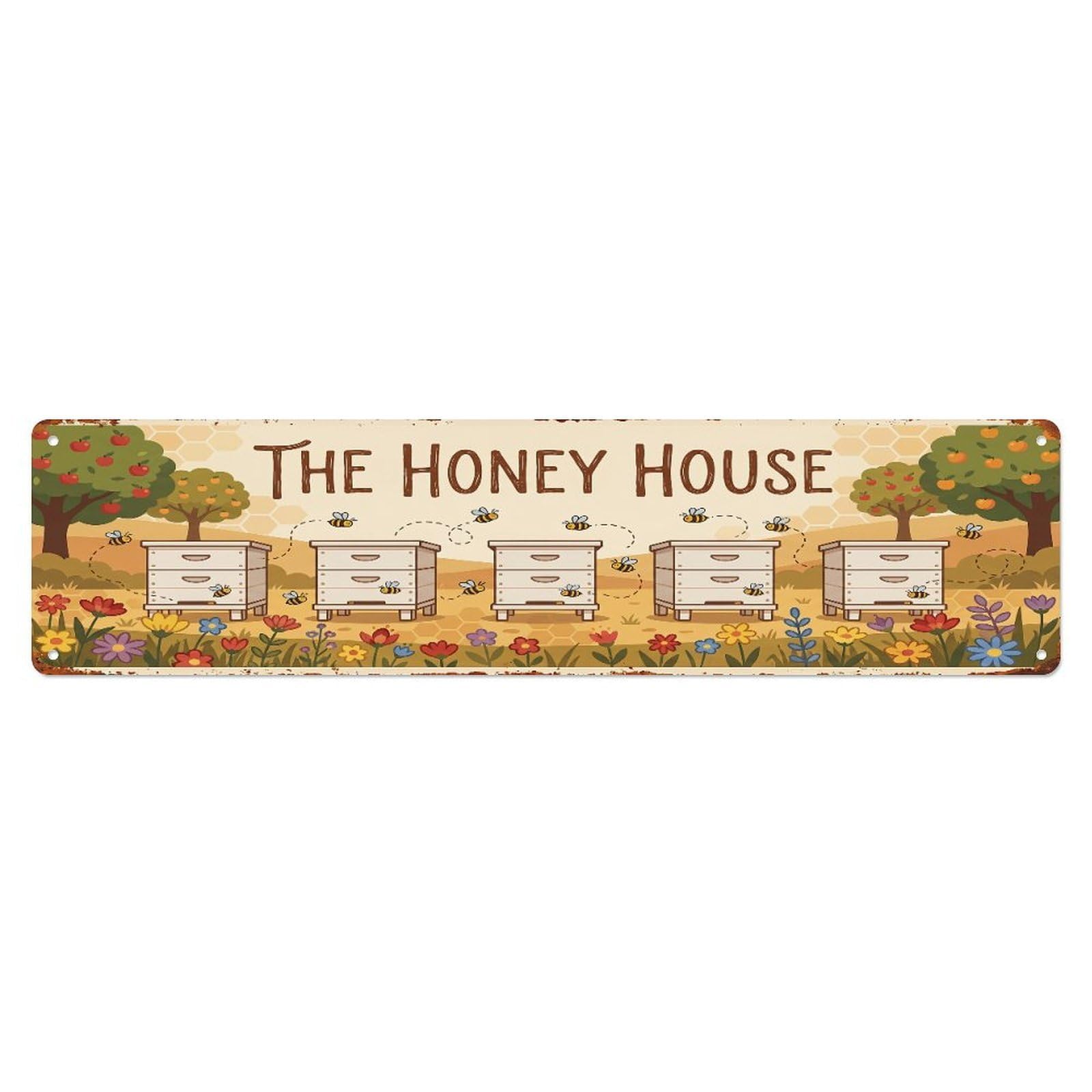 Metal Tin Sign Vintage Bee Farm Scene The Honey House
