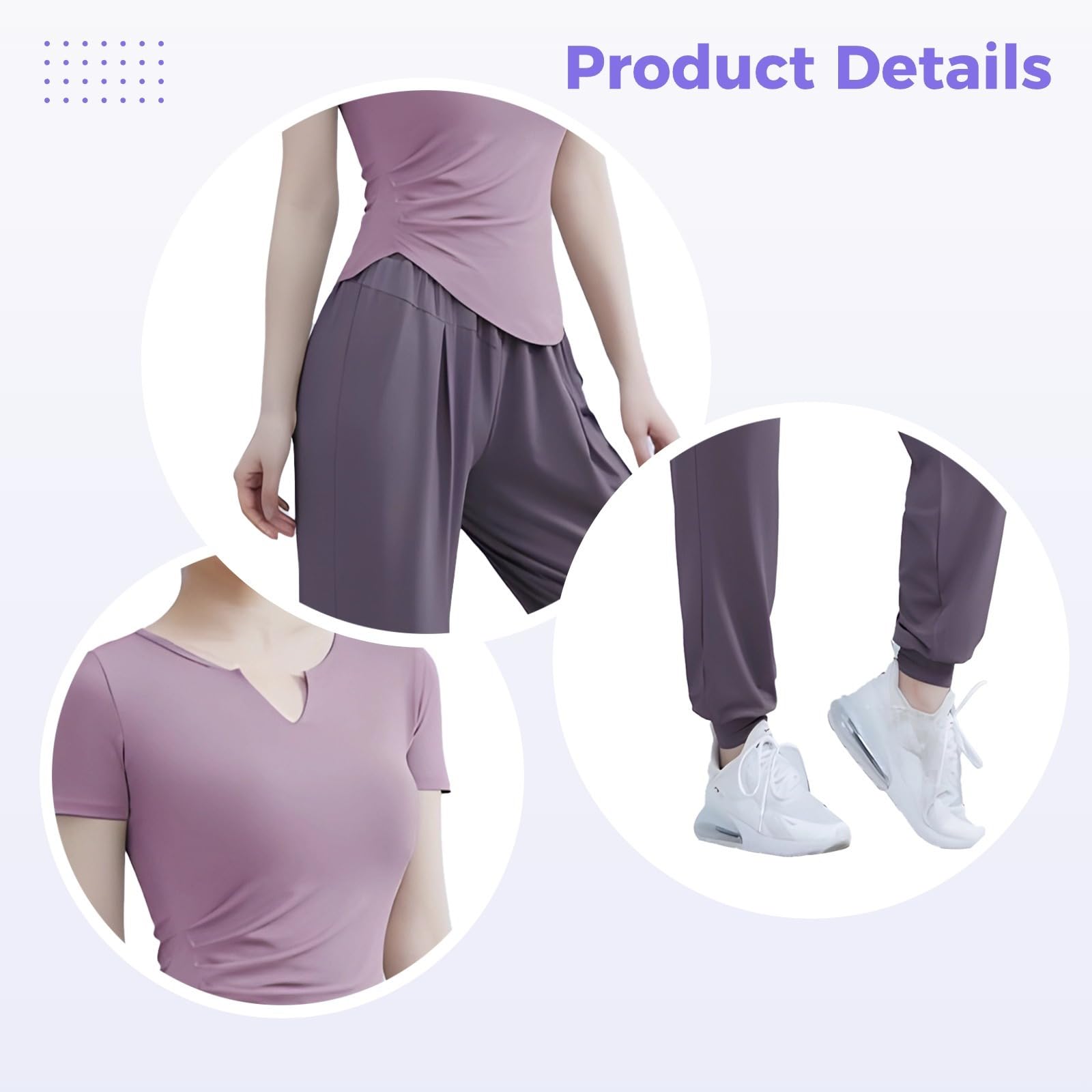 Conjunto de entrenamiento de 3 piezas para mujer, tela transpirable y suave, camiseta de manga corta, camiseta sin mangas, pantalones largos, Morado (, Talla única