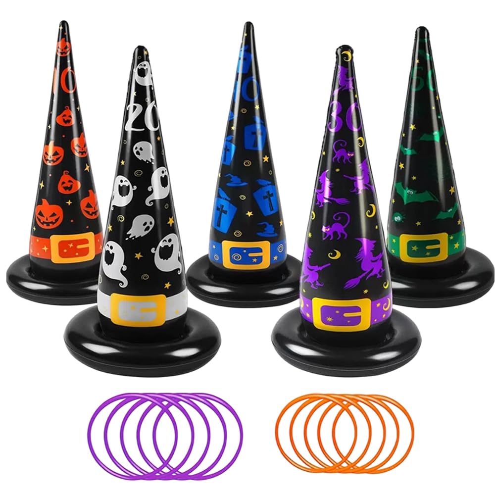 NKFBEV Inflatable Witch Hat Ring Toss Game, 15Pcs Halloween Ring Toss Game Set, Halloween Party Game, Halloween Inflatable Witch Hat with InflatableRings for Witch Party Home Classroom Indoor Outdoor