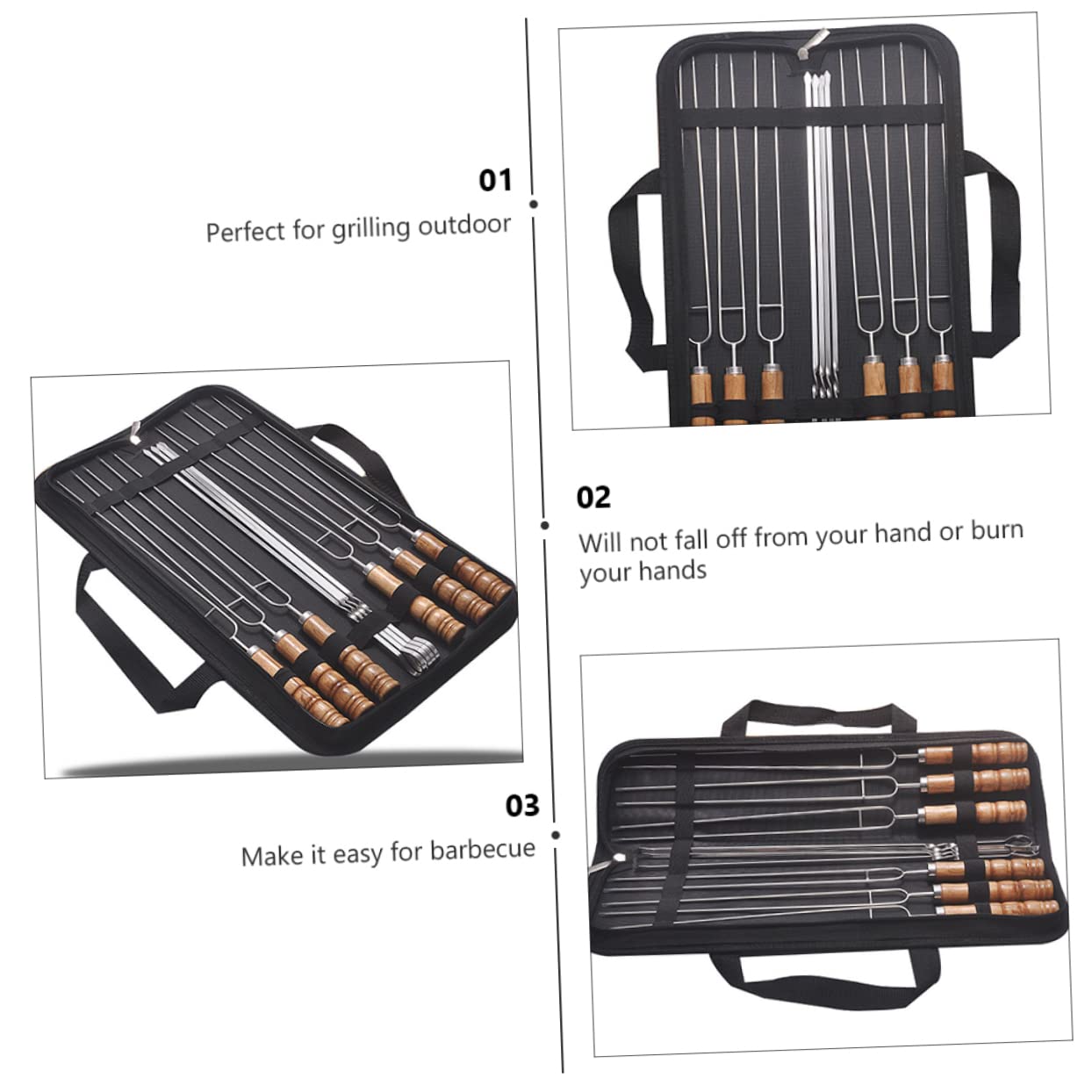 Spiedini Barbecue 10 Pezzi in Acciaio Inossidabile con Manico Nero | Impugnatura in Legno, Bordi Lisci e Struttura Robusta, Sacchetto Incluso, per Uso Outdoor e Quotidiano