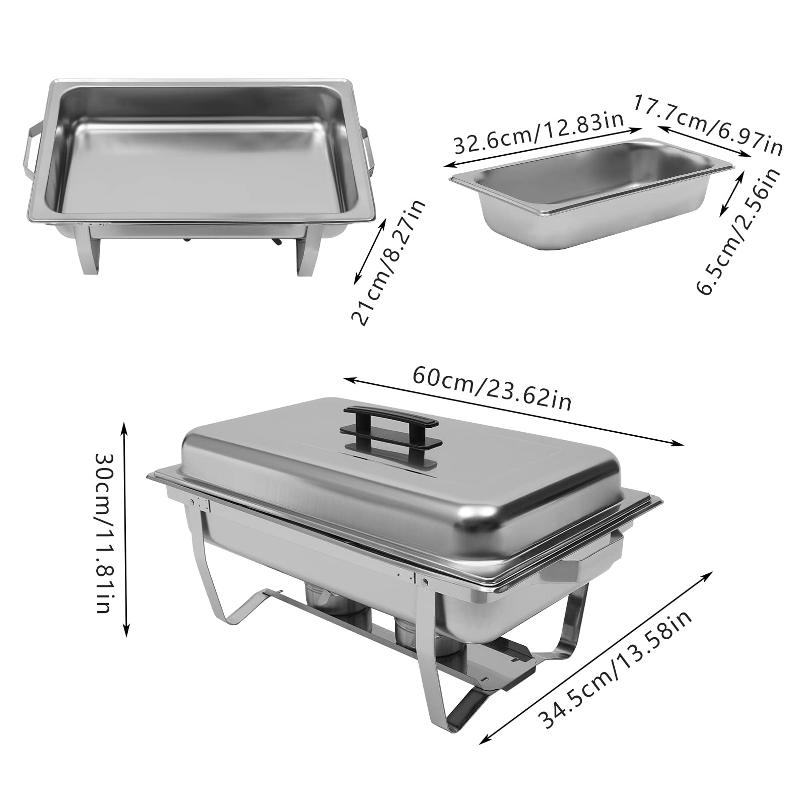 Contenitore in acciaio inox da 8 l, con tre padelle, scaldavivande Chafing Dish con supporto pieghevole, scalda buffet per caffetterie, hotel, mense scolastiche, banchetti, 60 x 34,5 x 30 cm