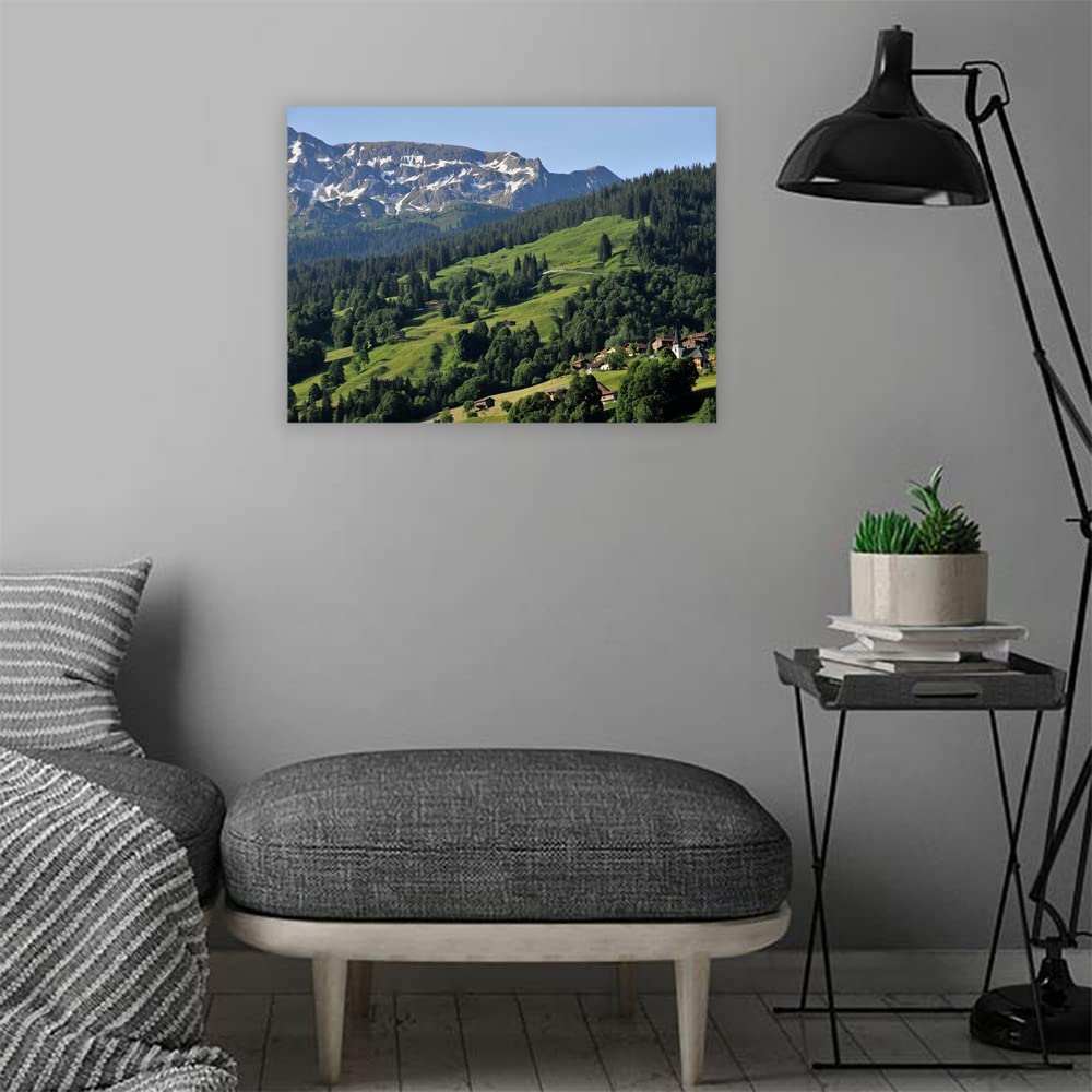 VERRE ART Wood Framed Canvas - Wall Decor for Living Room, Bedroom, Office, Hotels, Drawing Room (22in X14in) - Mountain & Village In Swiss Alps, Switzerland