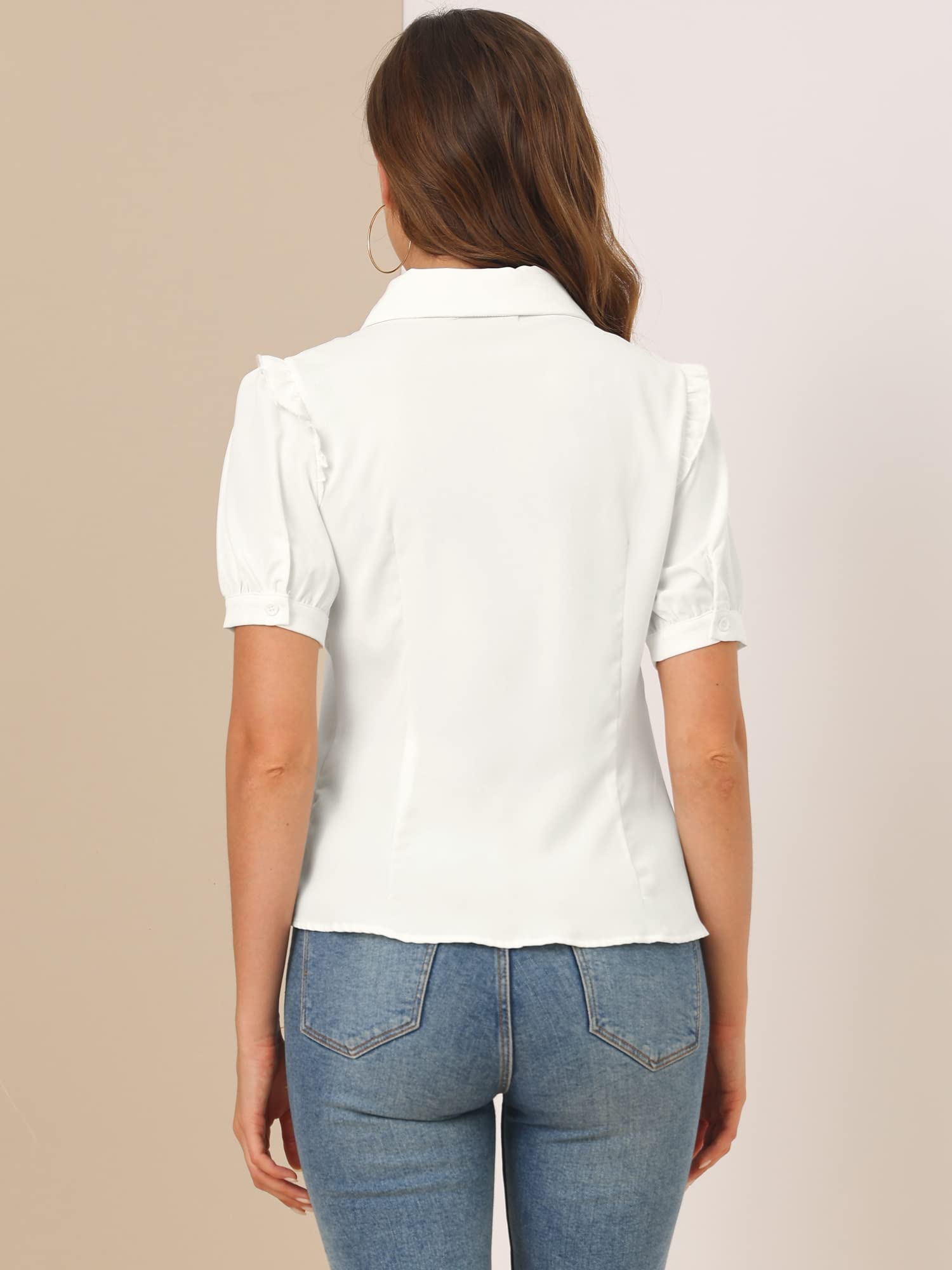 Allegra K Haut à col claudine à manches courtes et boutons sur le devant pour femme, blanc, Taille XS