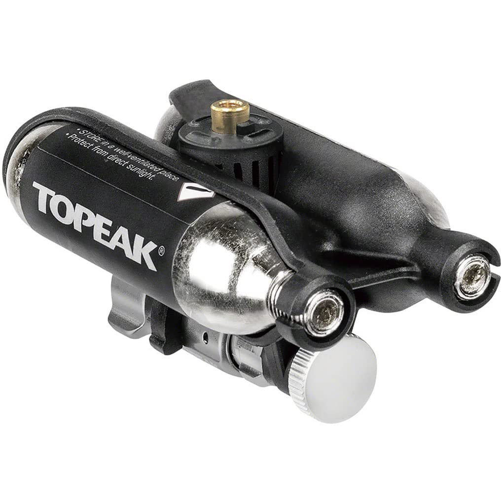 Topeak Ninja Master+ CO2 FuelPack, Interchangeable Cage and Frame Mount, Includes Inflator and 2 Threaded 16 Grams CO2 Cartridges, Compatible with Presta and Schrader Valves