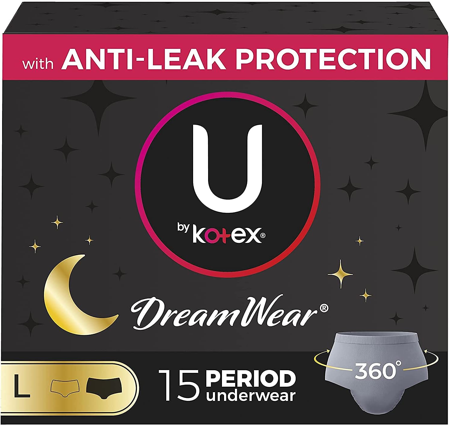 U by Kotex DreamWear Disposable Overnight Period Underwear for Women, Large, 15 Count (3 Packs of 5)