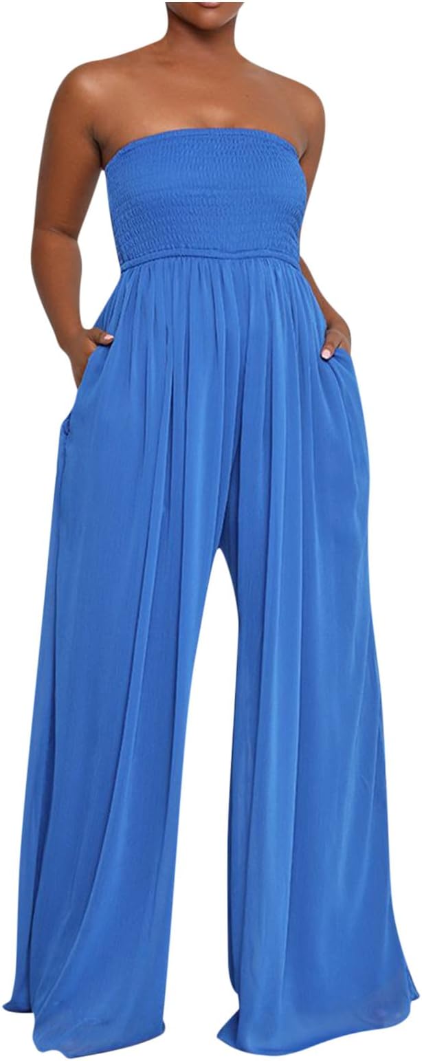 Bandeau Playsuit for Women Chiffon Off Shoulder Sleeveless Jumpsuit Plain Boob Tube Strapless Playsuits Solid Color Casual One Piece Wide Leg Palazzo Playsuit Summer Romper Size 8-16