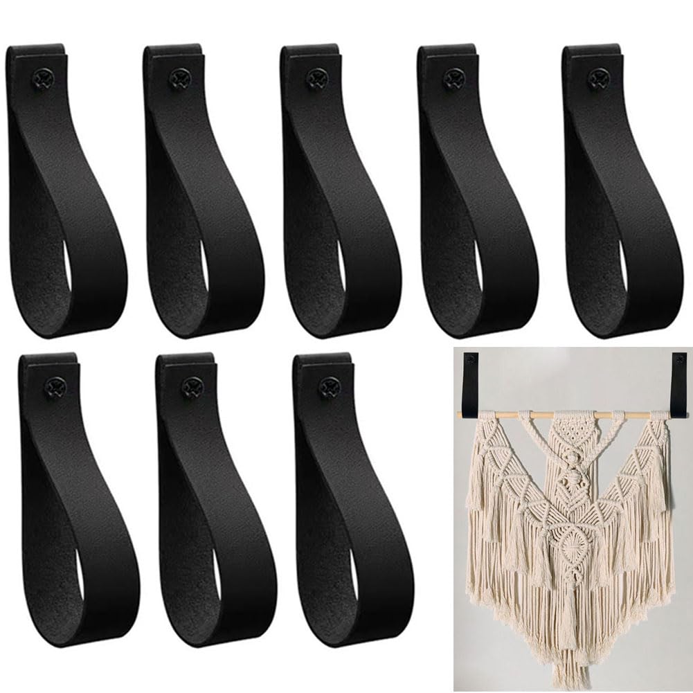 Sutfmwe PU Leather Curtain Rod Holder, Leather Wall Hooks Loop Straps for Wall Hanging for Bathroom Kitchen Towel Wall Boho Pole Hanger Wall Blanket Oar Display Farmhouse Vintage Style (Black, 8)
