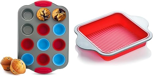 Boxiki Kitchen Baking Duo Mini Molde para Muffins de 12 tazas con revestimientos de silicona y silicona antiadherente 8x8 Square Cake and Brownie