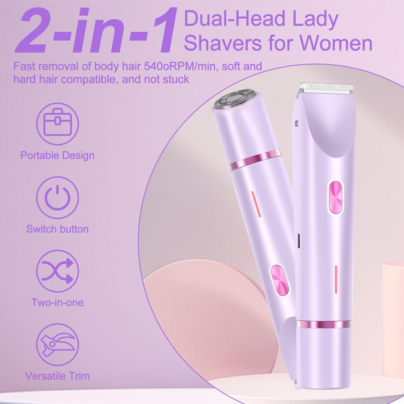 Rasoio Elettrico Donna, 2 in 1 IPX7 Rasoio Elettrico Intimo Donna, Depilazione Indolore Rasoio per Corpo Ascelle Gambe Bikini, Uso Bagnato e Asciutto(Viola)