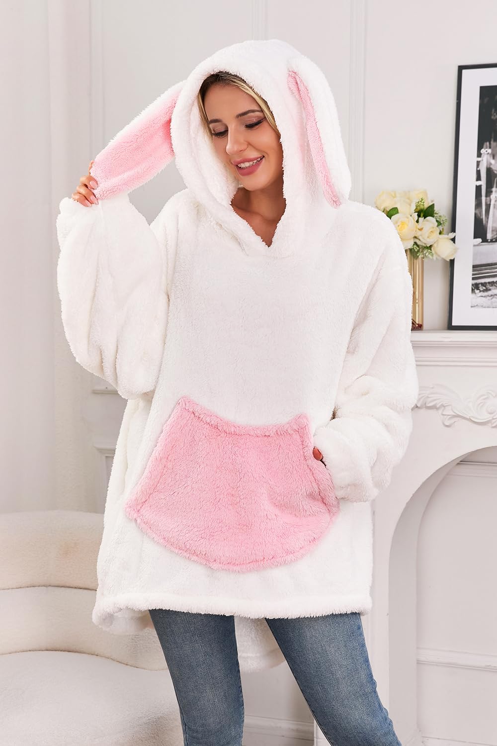 acdiac Fluffy Animal Blanket Hoodie,Unisex Bunny/Bear Ear Sweater Top Plush Shape Home Long Coat Pullover
