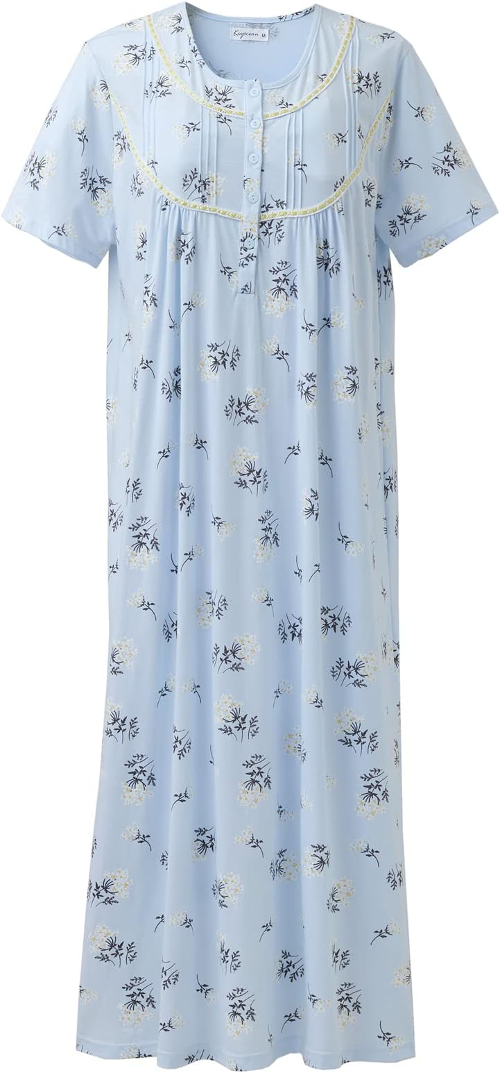 Keyocean Women Nightgowns, Soft 100% Cotton Lightweight Short Sleeve Night-dresses for Ladies