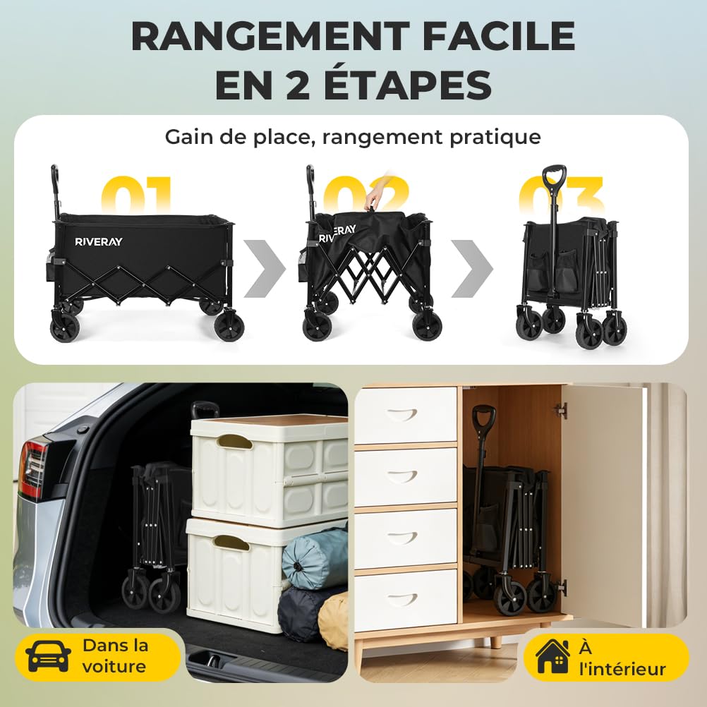 Chariot de Transport Pliable 120L, Montage sans Outil, Chariot Pliable de Jardin et Camping, 4 Roues Tout Terrain Détachables, Poignée Télescopique, pour Plage Jardinage Festival, Noir