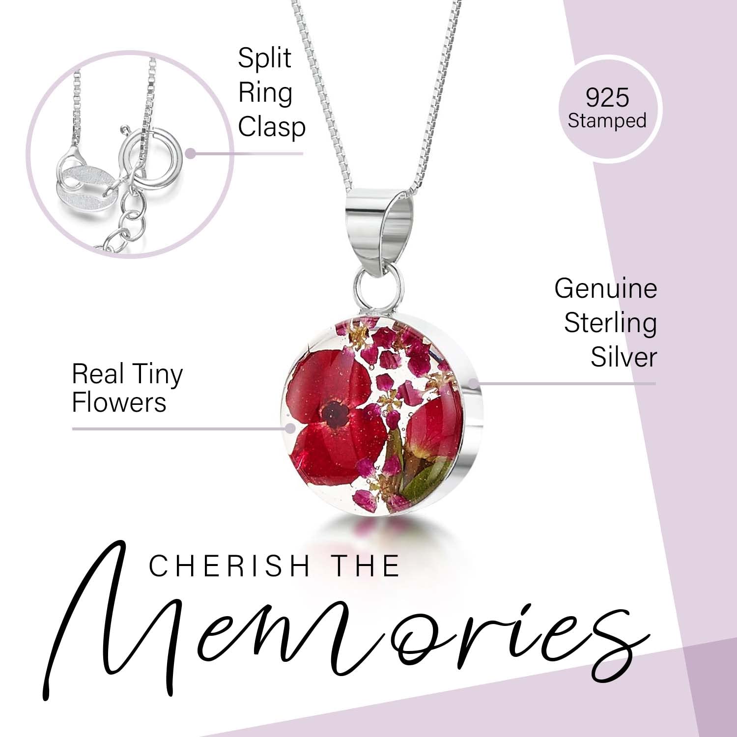 Shrieking Violet® - Collana in argento Sterling fatta a mano con veri fiori – collezione Bohemia – Poppy & Rose – Ciondolo rotondo con catena