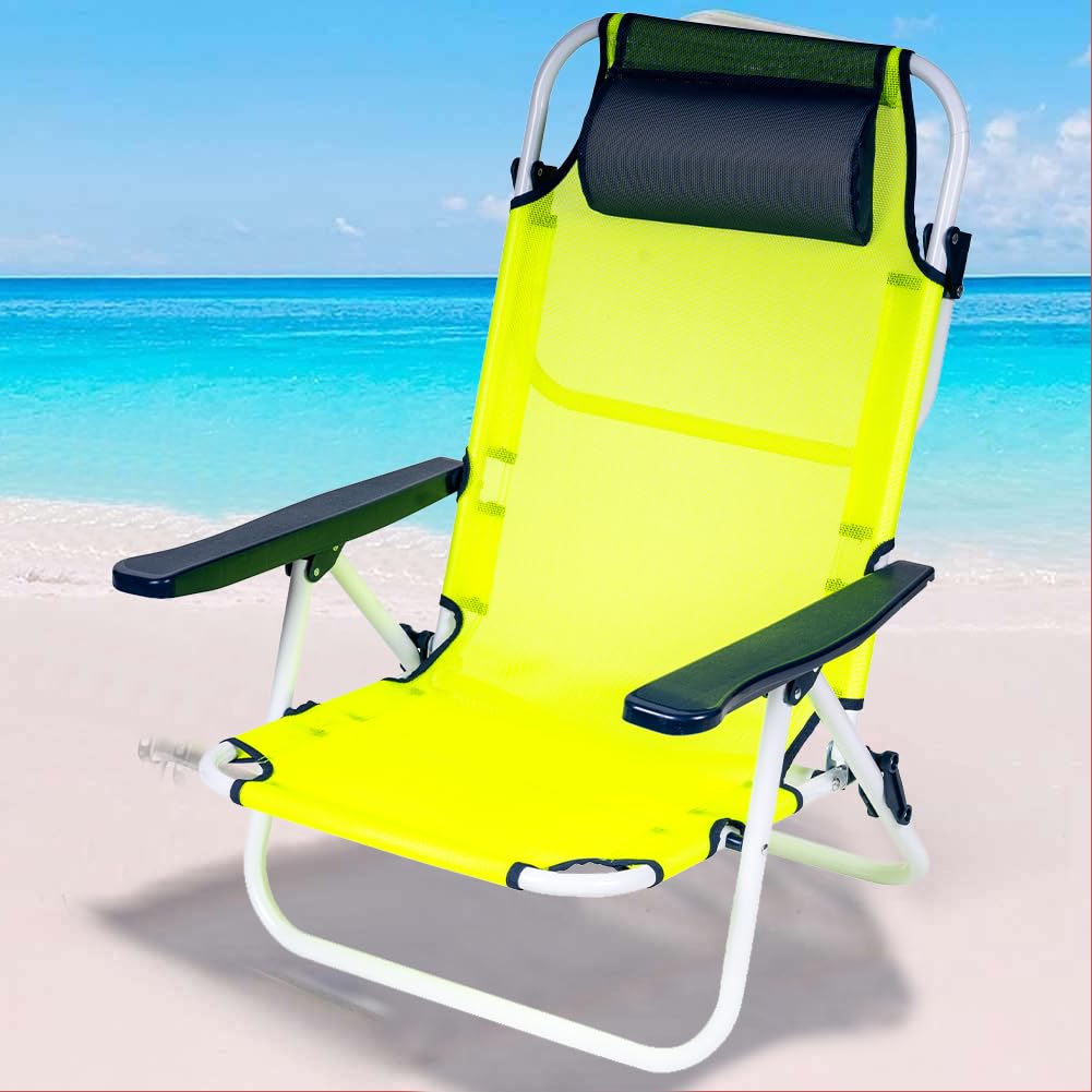 BAKAJI Tumbona plegable portátil con respaldo reclinable, con estructura tubular de aluminio, revestimiento de tela de textileno, reposacabezas acolchado para playa, playa, camping (verde neón)