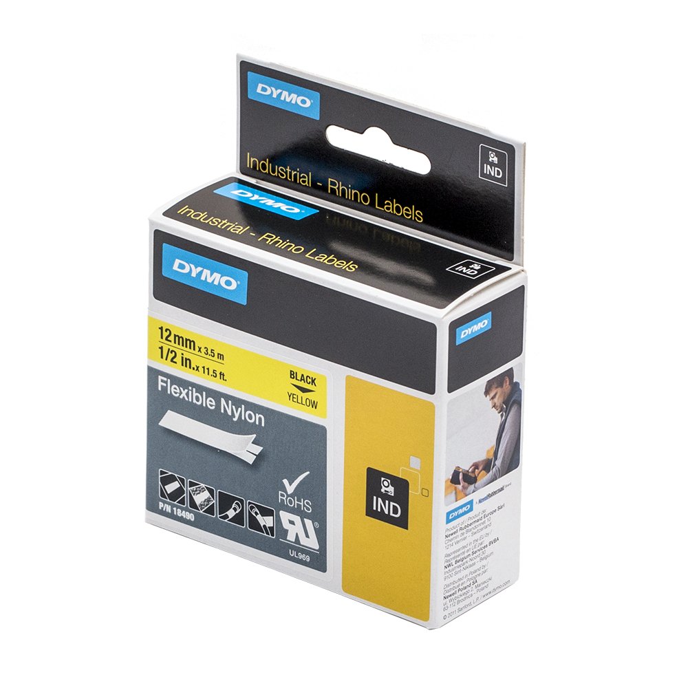 Dymo 18490 Rhino Industrieletiketten, flexibel, Nylon, 12 mm x 3,5 m, Schwarz auf Gelb, 5 Stück