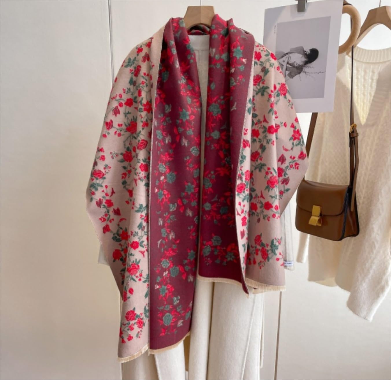Chal Estolas Bufanda Chal Fular Mujer Imitación Cachemira Tacto Suave Bufanda Cálida Invierno Estampado Floral Mantón Chal Bufanda Estolas(Pink)