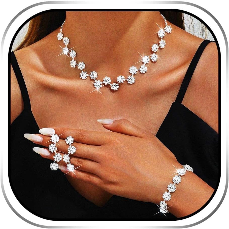 Sixexey Rhinestone Jewelry Set Silver Sparkly Jewelry Wedding Bridal Necklace Jewelry for Women