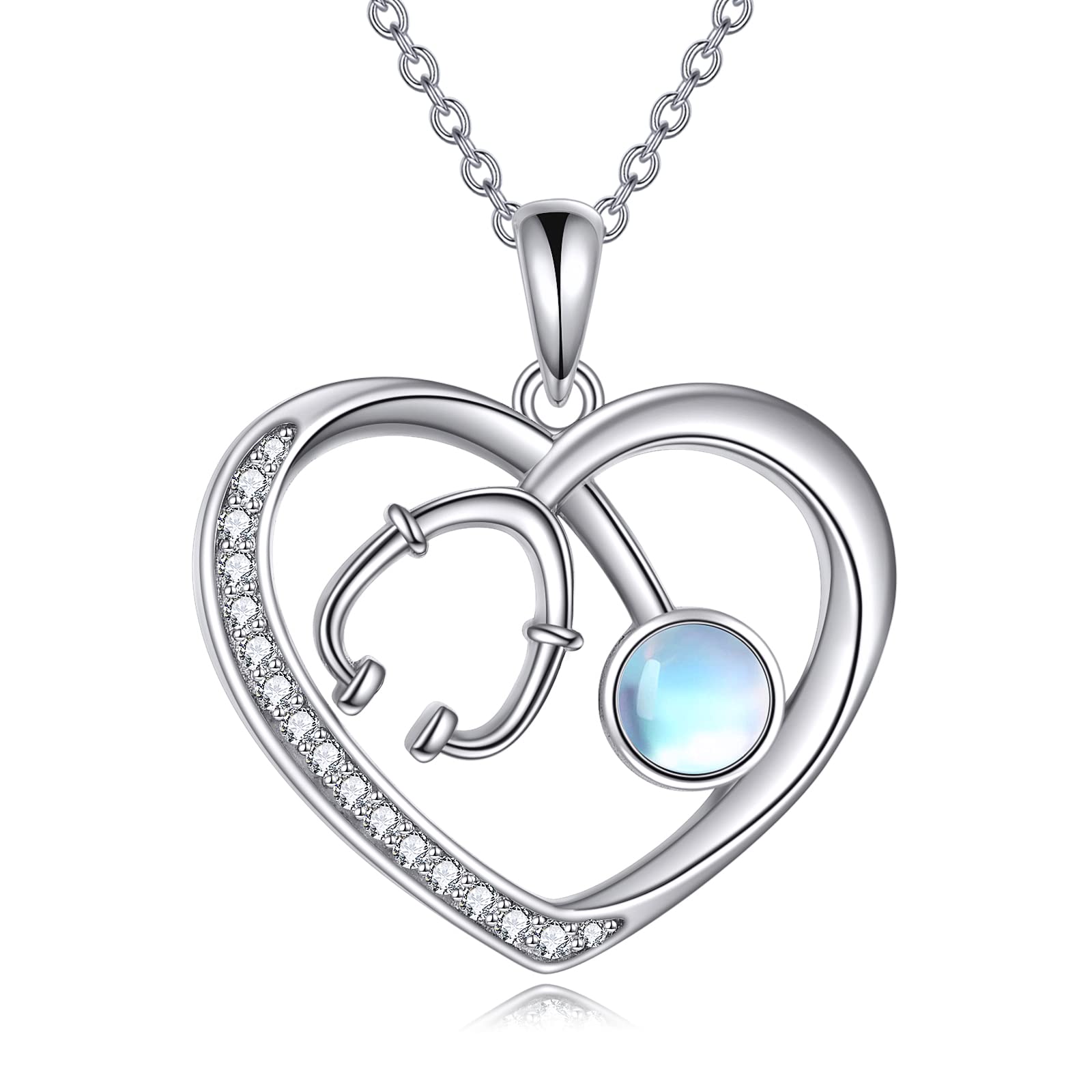 DAYLINLOVE Collar Estetoscopio Plata Ley 925 Regalos Enfermera Collar Colgante En Forma Corazón Piedra Lunar Joyería Enfermería Regalos para Enfermera Médico Estudiante Medicina