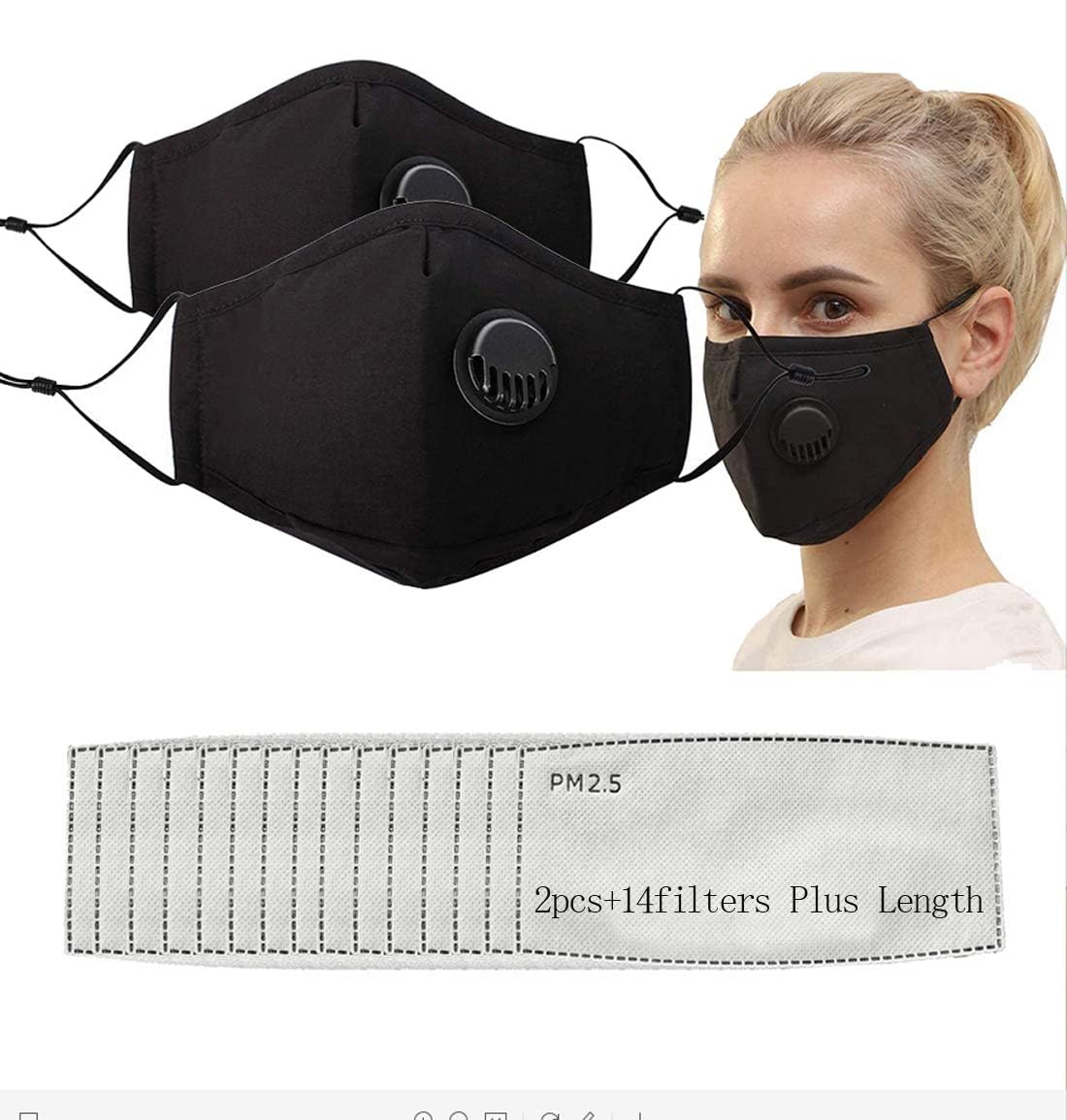 Upgrade Reusable Mouth Fabric Covers with Valve Adjustable Strap,Washable Cotton With Replaceable Activated Carbon(2pcs+14fil)