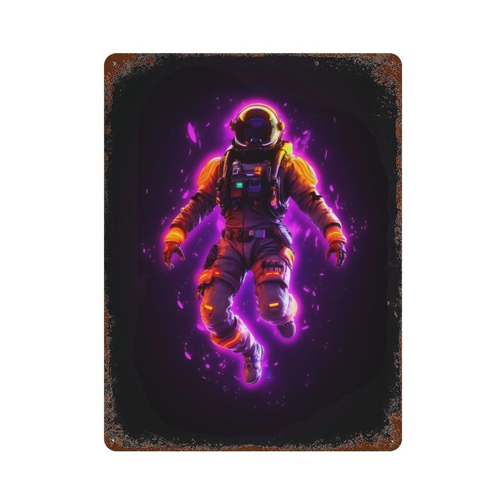 Astronaut Neon Line Art 15.7"x11.8" Rust Effect Tin Sign, Rustic Home Decor for Office, Studio And Wall Decor