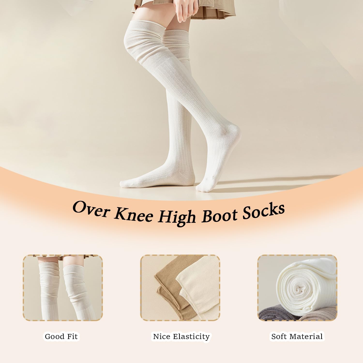 VASANA Women’s Thigh High Socks Cotton Over the Knee Leg Warmer Extra Long Knee High Socks Fashion Boot Stockings (Beige) - Image 3
