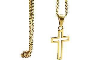 BALOOLA Stainless Steel Golden Cross Cutout Pendant Necklace for Men with Box Chain