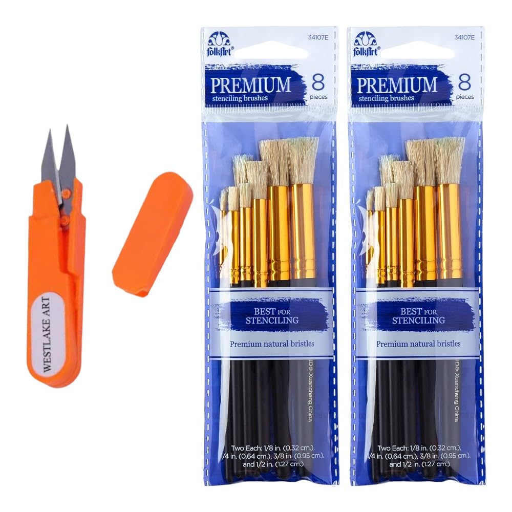 Plaid Stencil Brush Set, 0.32 Cm, 8-Piece Bundle with Embroidery Scissors – Versatile, Bristles for Precise Paint, Comfortable Handles, Smooth Coverage, Easy [Pack of 2]