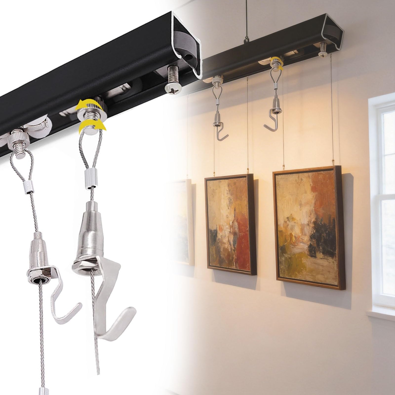 Rail pour accrocher des tableaux Système De Suspension Réglable Pour Cadre Photo, Kit De Suspension Murale Pour Cadre Photo Coulissant Avec Crochets, Système De Rail D'art(L 120 cm)