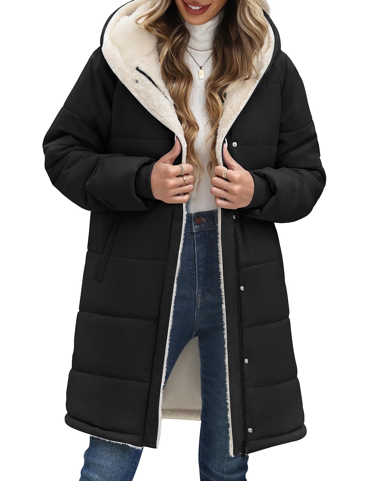 Vancavoo Manteau d’Hiver Femme Mi-Long Matelassé à Capuche Décontracté | Déperlant Parka avec Doublure Polaire Chaude, Capuche Fixe, Zip et Boutons-Pression, 2 Poches Latérales