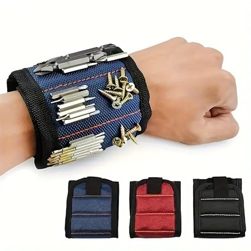 Magnetisches Armband zum Basteln mit Magneten, Armband mit Schrauben, Unterlegscheiben, Bolzen und kleinen Werkzeugen, Armband mit 5 Zeilen und 15 Magneten, Farbe Rot