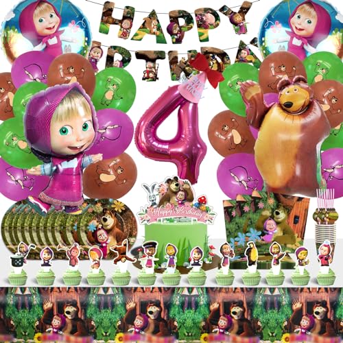 101 peças decoração de aniversário masha, Masha aniversário, Masha Globos, Masha aniversário conjunto de louça de festa, guardanapos, toalha de mesa, aniversário 4 anos