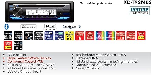 Miniatura 4 de JVC KD-T92MBS - Receptor de CD deportivo para motocicleta marina con tecnología inalámbrica Bluetooth y USB frontal AUX estéreo SiriusXM Ready iPod
