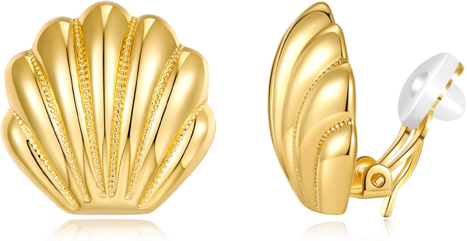 Clip On Earrings Gold Plated Shell Studs for Non Pierced Ear Dainty Seashell Studs Fashion Summer Jewelry