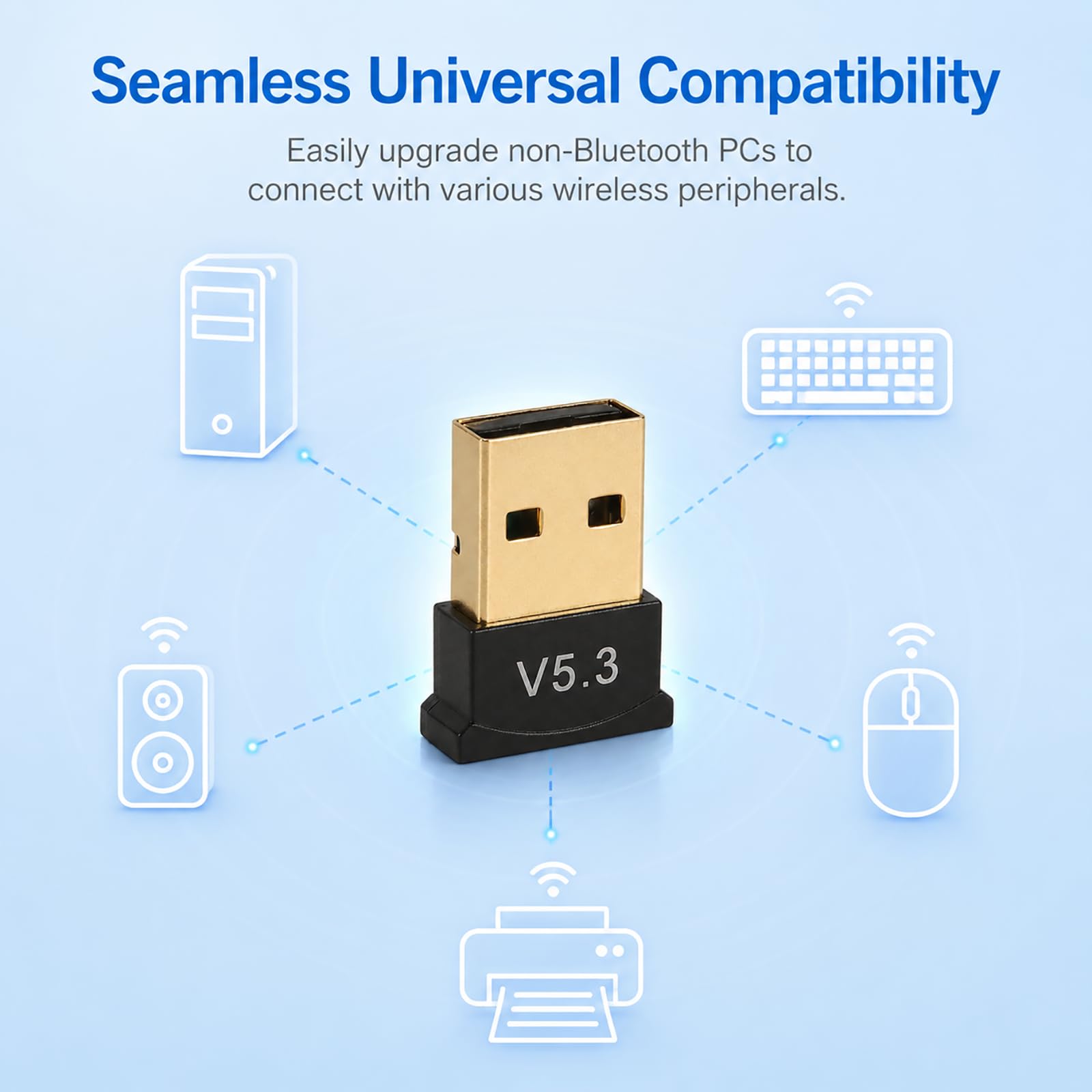 Bluetooth Adapter für PC, USB Bluetooth 5.3, Plug&Play, treiberfrei, Multi-Geräte kompatibel, bis 20m Reichweite, Audio 16 Bit/44,1 kHz, kompakt, tragbar, Windows 11/10/8.1/7, Laptop, Desktop, Headset