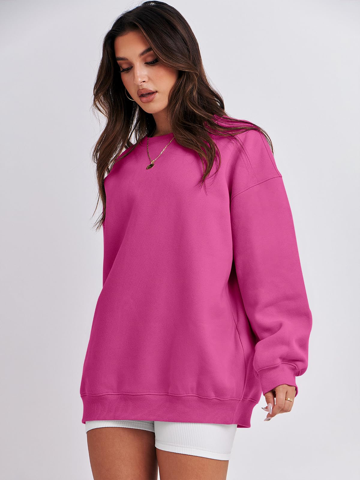 Damskie bluzy oversize bluzy z kapturem polar okrągły dekolt sweter top codzienne jesienne stroje preppy ubrania nastolatki 2024 A1019 światło, Jeden kolor, Light Pink_X-Small