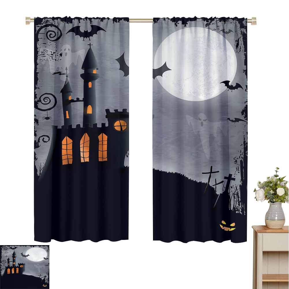 hengshu Vintage Halloween Black Out Curtains for Bedroom Halloween Themed Asymmetric Caste with Scary Bats and Ghosts Full Moon Home Decor Sliding Door Curtains W52 x L84 Inch Black Grey