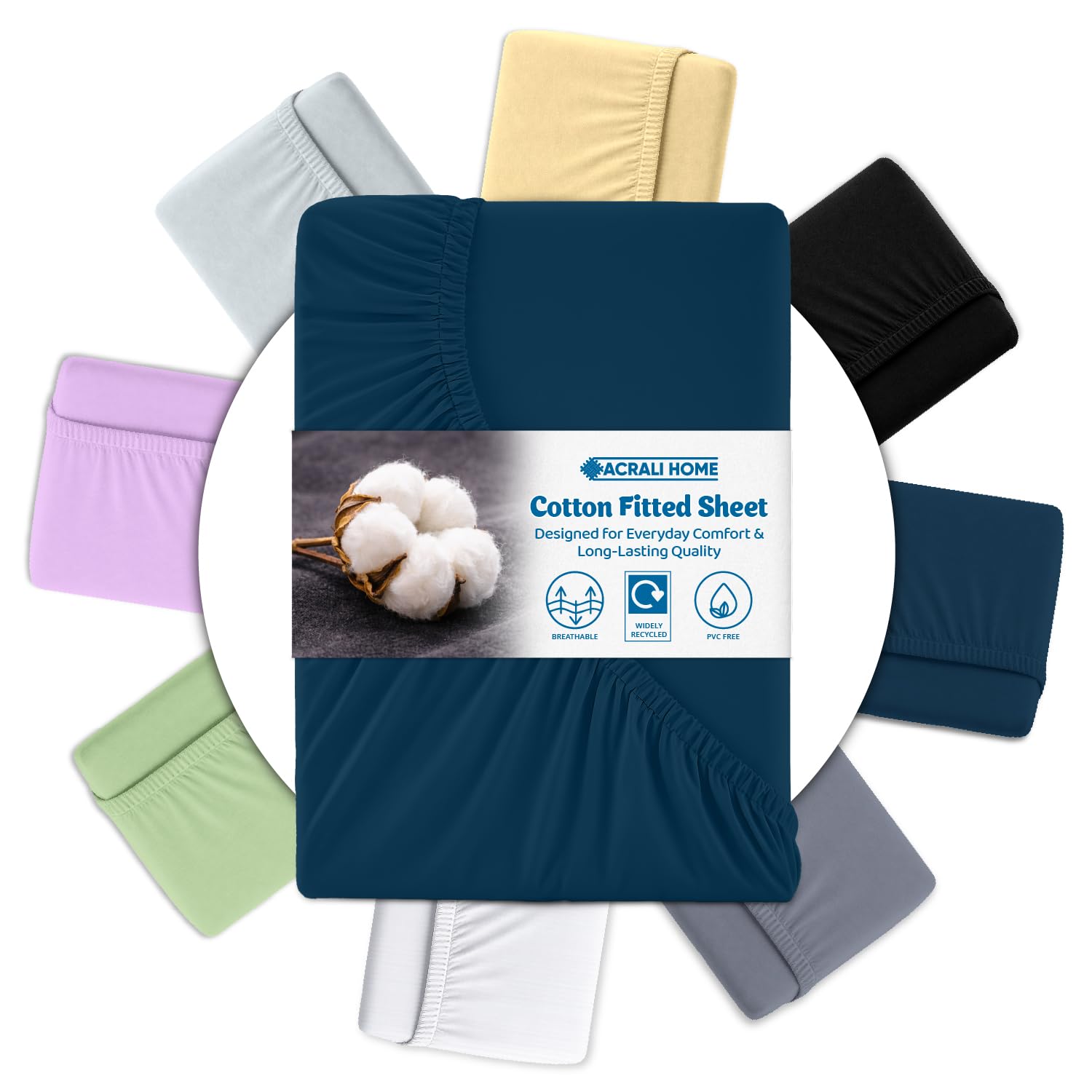Acrali Home Denim Blue Egyptian Cotton Single Fitted Sheet 90x190 cm - 200 Thread Count, Deep Pocket - Ultra Soft Hotel Quality, Breathable & Hypoallergenic Bottom Bed Sheet โ image 1